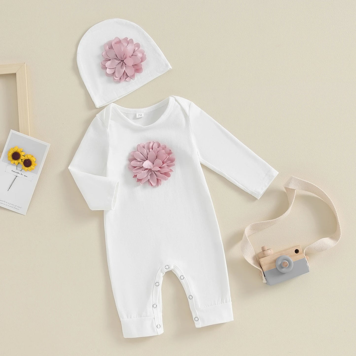 VISgogo 2 cs Newborn Rompers Spring Autumn Baby Girl Clothes Floral Cotton Blend  Jumpsuit Overall + Hat Suit for 0-18 months