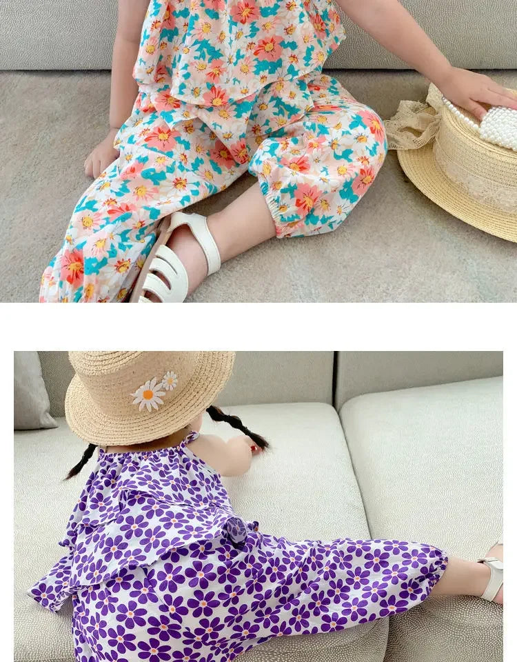 2024 Summer New baby Girls' Suits Cute Floral Vest And Anti-Mosquito Pants Children Clothing Sets Fashion Kids Outfit