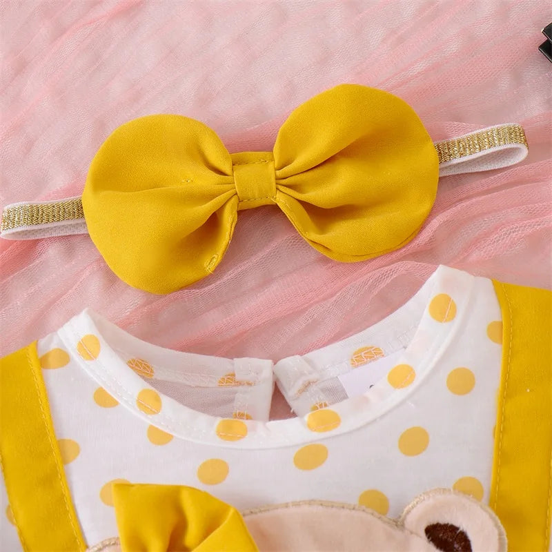 0-18M Infant Baby Girl Romper Dress Bear Patch Ruffle Short Sleeve Bodysuit with Bow Headband 2Pcs Summer Clothes