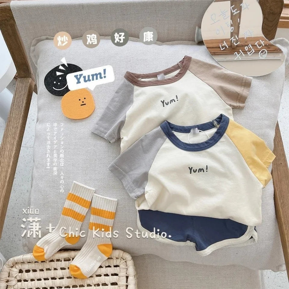 Cartoon Sport Short Sleeve Outfits Kids Fashion Trendy Two Pieces Sets Color Matching T-shirts+Shorts Boys Baby Summer Clothing