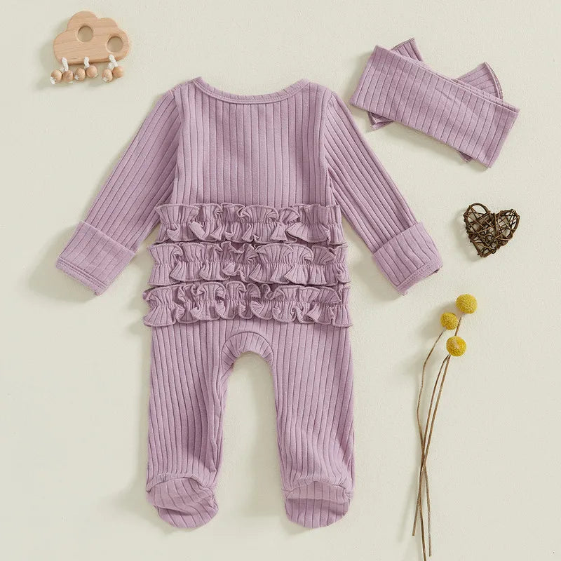 0 to 3 Months Baby Girl Romper Spring Autumn Clothes Solid Color Ribbed Ruffle Long Sleeve Zipper Footed Jumpsuit Bow