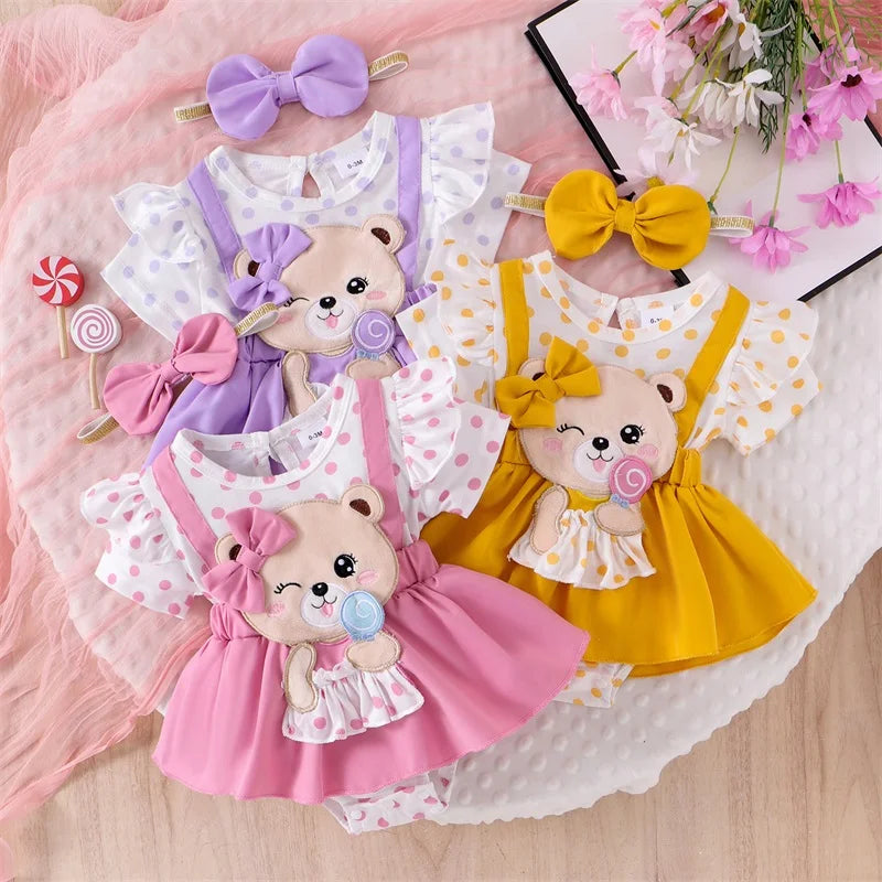 0-18M Infant Baby Girl Romper Dress Bear Patch Ruffle Short Sleeve Bodysuit with Bow Headband 2Pcs Summer Clothes
