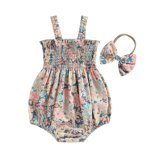 0-18M Infant Baby Girl Summer Outfit Clothes Sleeveless Smocked Cotton Linen Romper with Headband