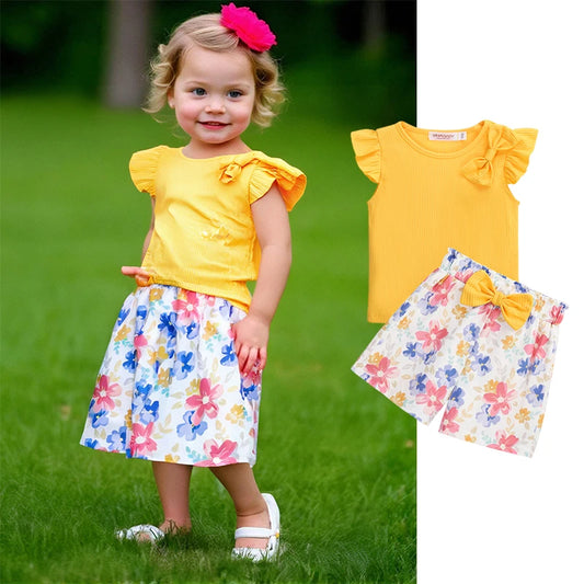 Sweet Pants Set for Kids Girl Summer Comfortable Printed with Yellow Bow Casual Top+Pants Short Daily Children Clothing 2PCS Set