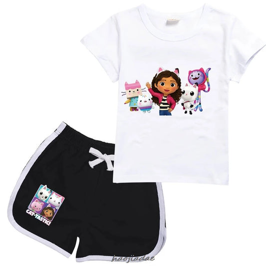 New Kids Girls Summer Short Sleeve Clothes Boys Tshirts Gabby's Dollhouse Tees Pants Children Todder Pajamas Set Tops Outfits