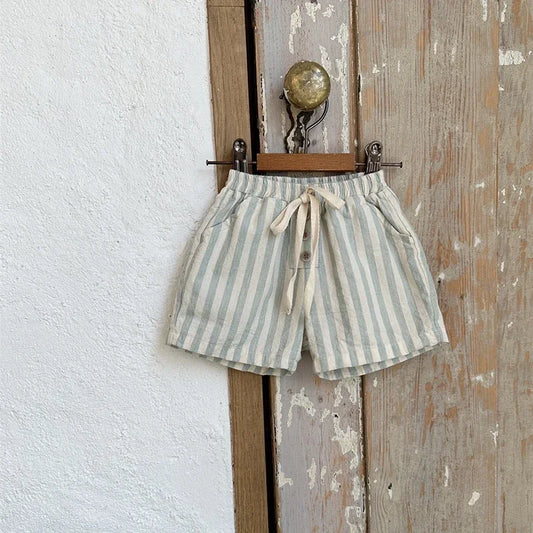 0-3Yers Vintage Linen Cotton Baby Boys Stripe Shorts Casual Buttons Pocket Design Baby Short Pants for Toddler Girls Clothing