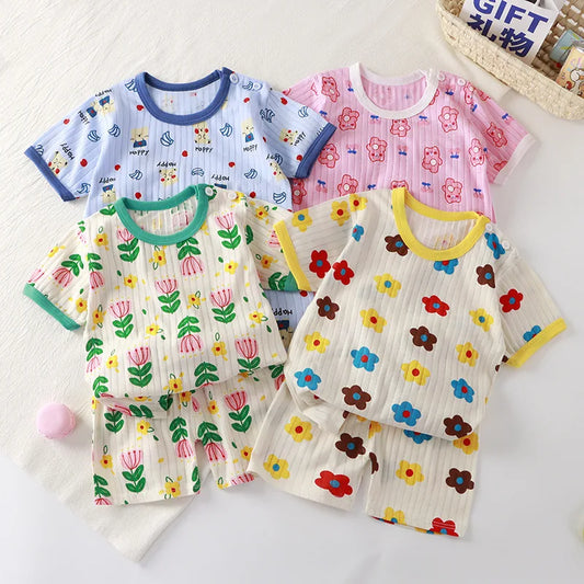 Children Home Clothing Sleepwear Summer Short Sleeve Pajamas Baby T-shirt Shorts Cotton Suit Cartoon Boys Girls Two-piece Clothe