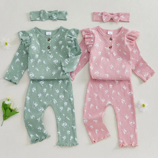 0 to 18 Months Baby Girl 3PCS Pants Sets Spring Autumn Clothes Flying Sleeve O Neck Button Floral Bodysuit Pants Headband
