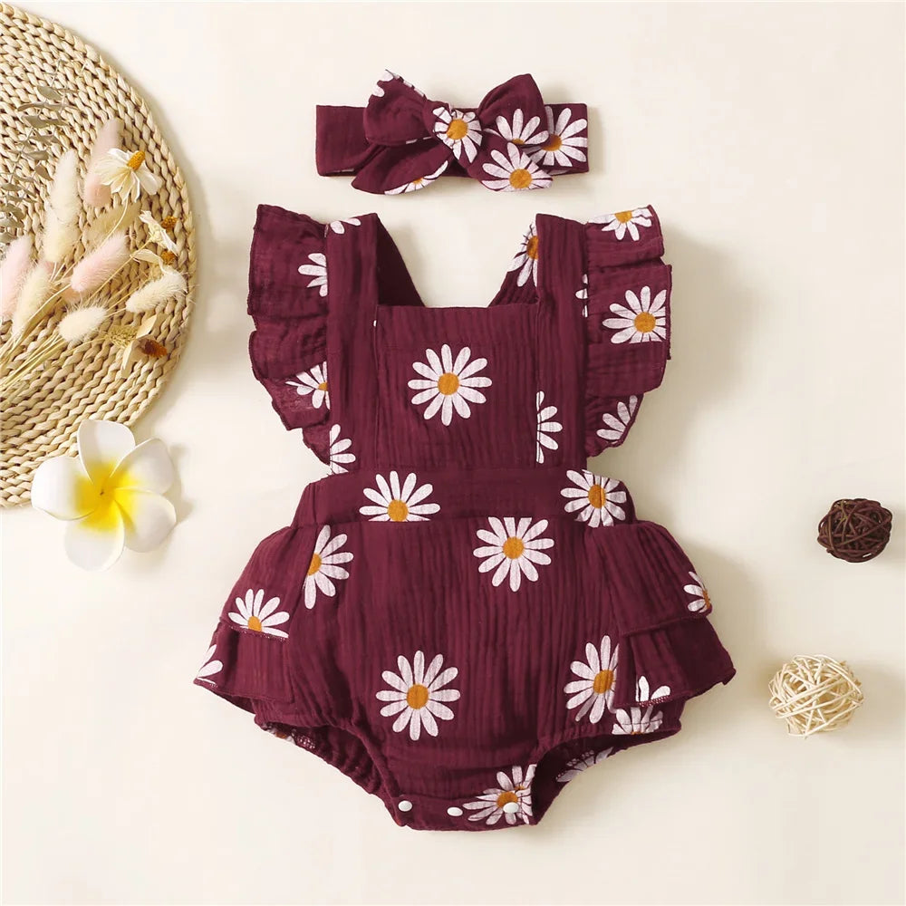 0-18 Months Newborn Baby Girl Romper Flutter Sleeve Cotton Bodysuit+Headband Floral Print Jumpsuit Toddler Summer Daily Outfits