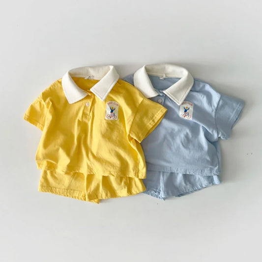 Boy Summer Fashion Polo Sports Set Kid Simple Turn-down Collar T-shirt With Solid Loose Thin Cotton Shorts 2pc Suit