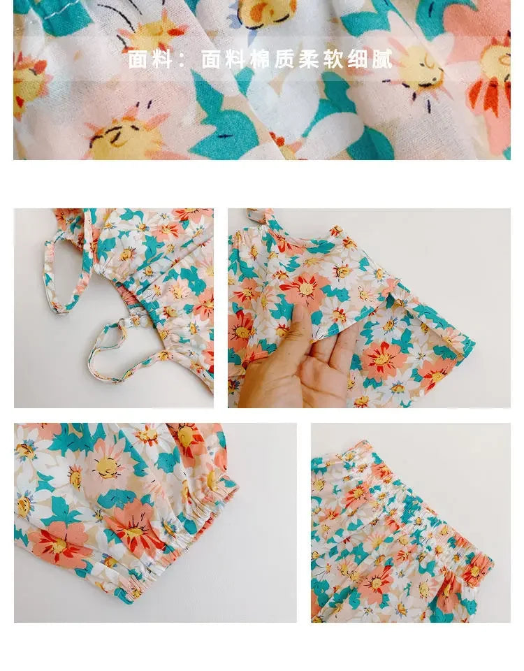 2024 Summer New baby Girls' Suits Cute Floral Vest And Anti-Mosquito Pants Children Clothing Sets Fashion Kids Outfit