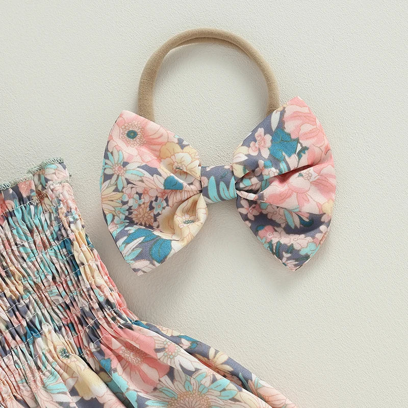 0-18M Infant Baby Girl Summer Outfit Clothes Sleeveless Smocked Cotton Linen Romper with Headband