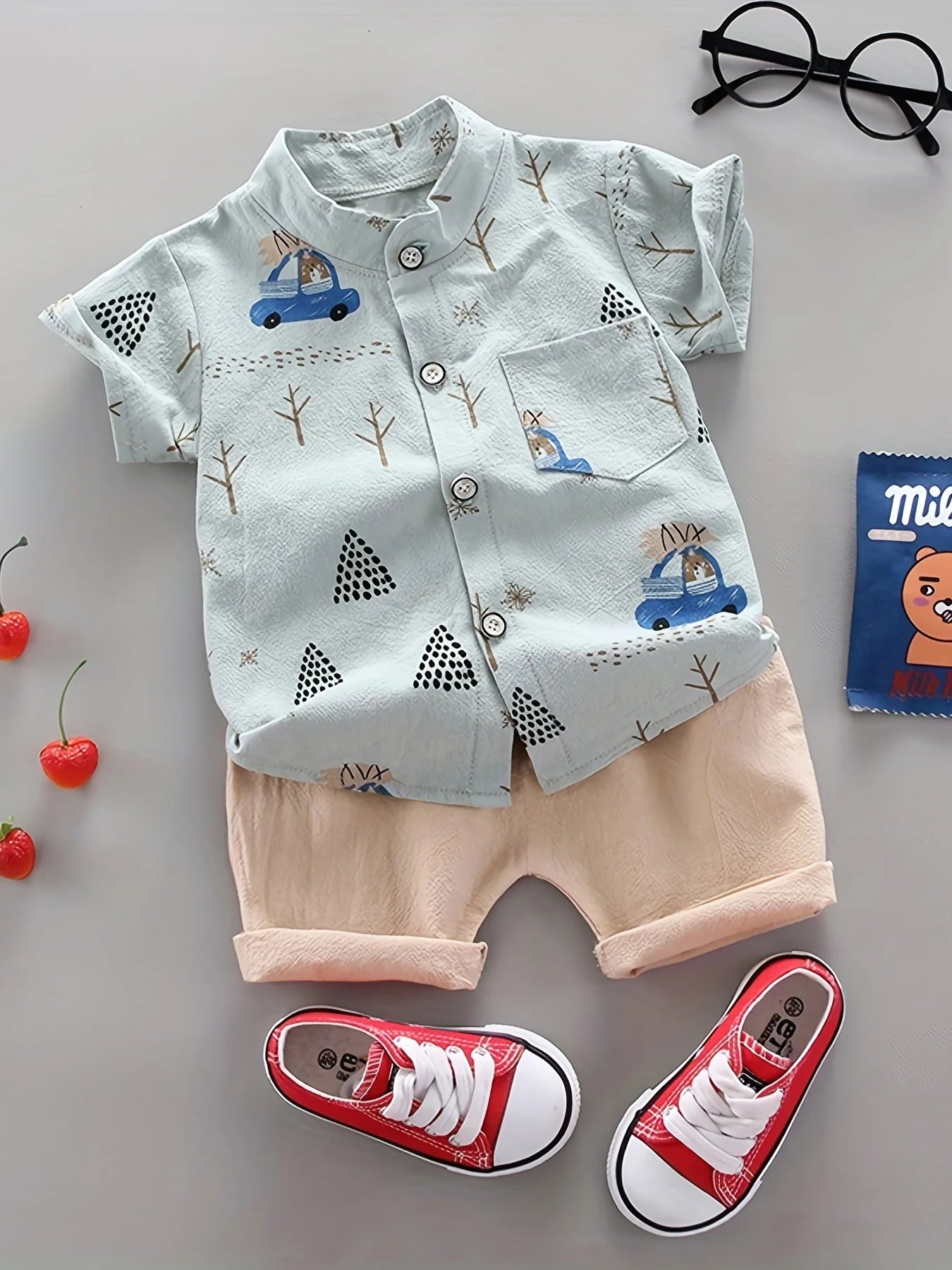 Infant and toddler summer full print bear driving pattern short sleeved shorts set for outdoor standing collar shirt fashion two