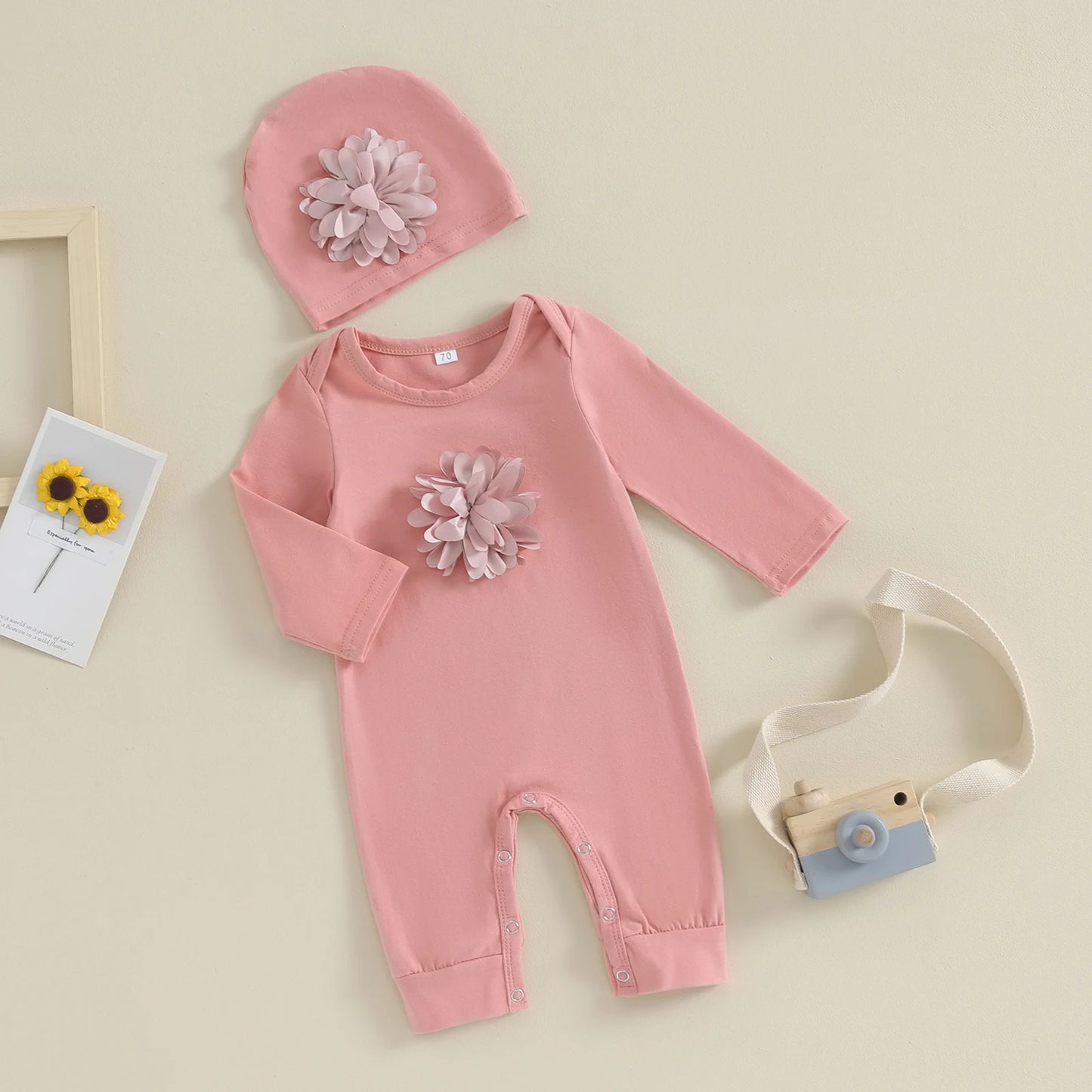 VISgogo 2 cs Newborn Rompers Spring Autumn Baby Girl Clothes Floral Cotton Blend  Jumpsuit Overall + Hat Suit for 0-18 months