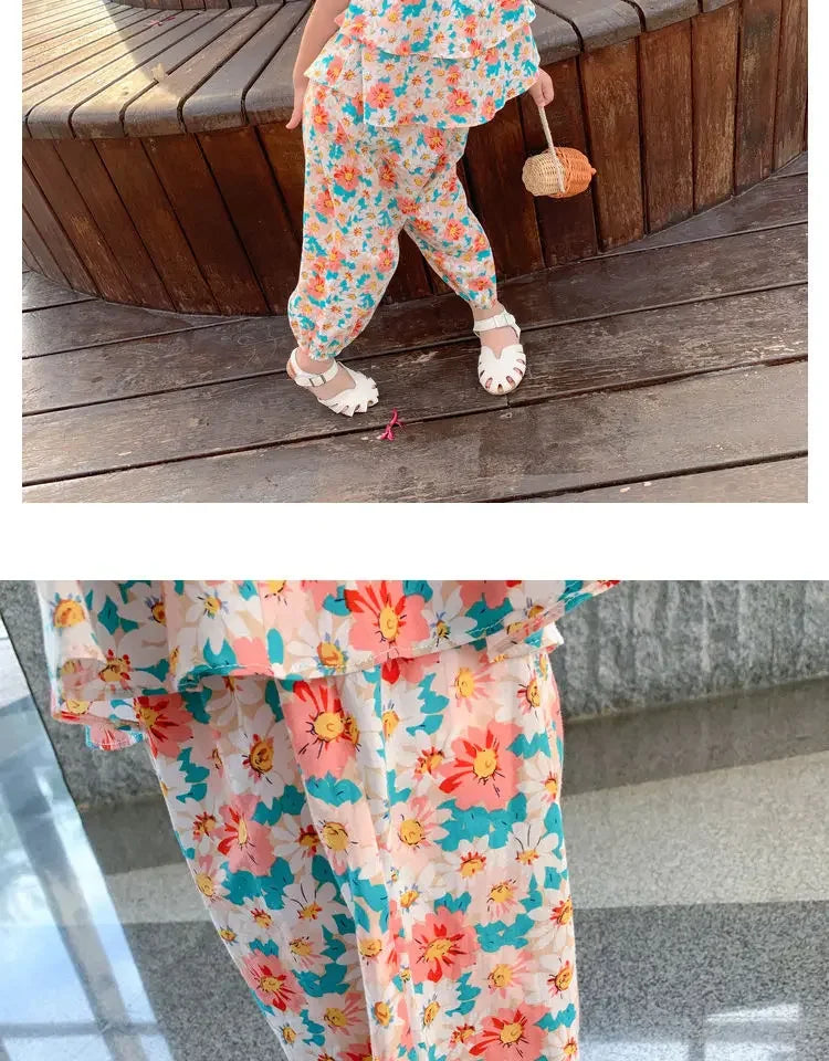 2024 Summer New baby Girls' Suits Cute Floral Vest And Anti-Mosquito Pants Children Clothing Sets Fashion Kids Outfit